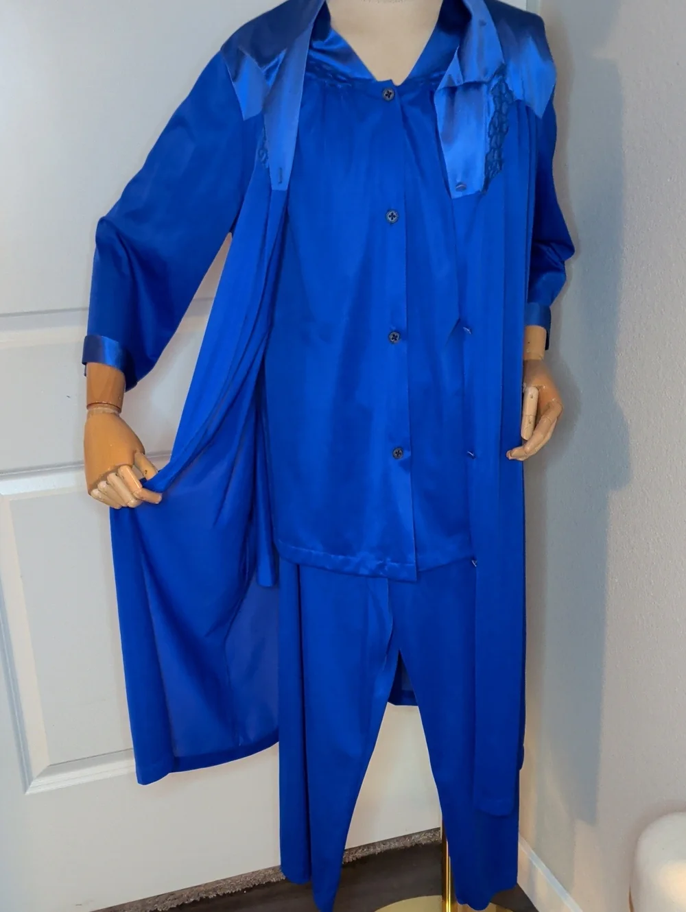 Vintage 60s Vanity Fair Royal Blue Satin 3-Piece Pajama Set w/ Robe SZ M